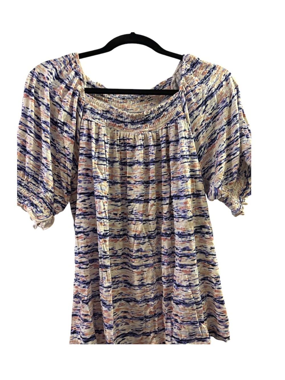 LuLaRoe Blue, Cream & Purple Smocked Off-Shoulder Tunic